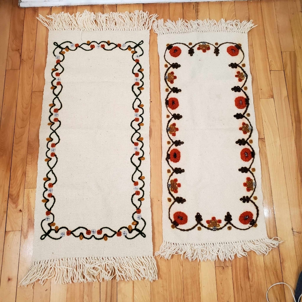 Bundle Of 2 Vintage Handmade Floral Crewel Embroidered Tablecloth harvest